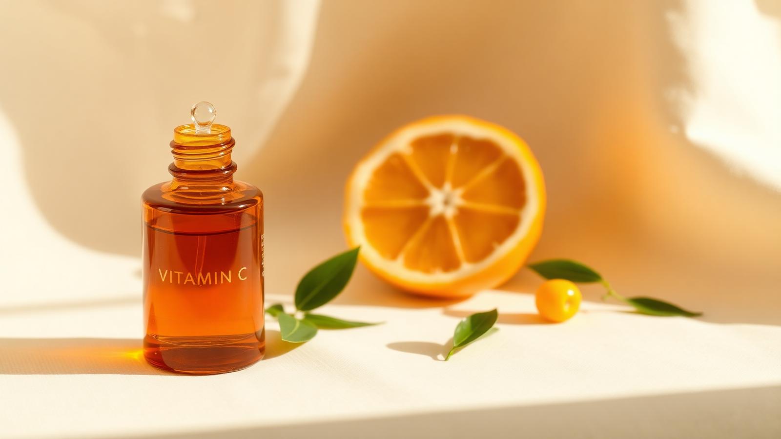 Vitamina C para una piel sana Sérum de vitamina C en frasco ámbar junto a cítricos frescos, antioxidante para luminosidad