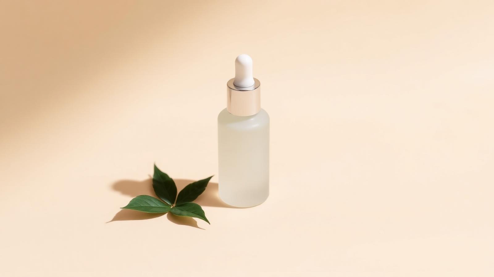 Frasco de sérum de niacinamida con gotero sobre fondo crema, ideal para poros y luminosidad