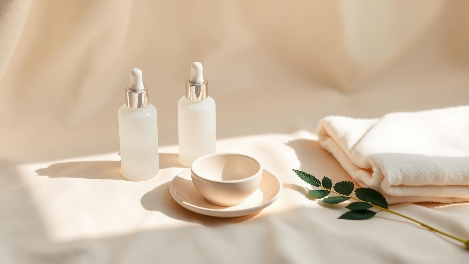 Rutina de skincare diaria: limpiador, sérum e hidratante naturales sobre mármol travertino en tonos crema