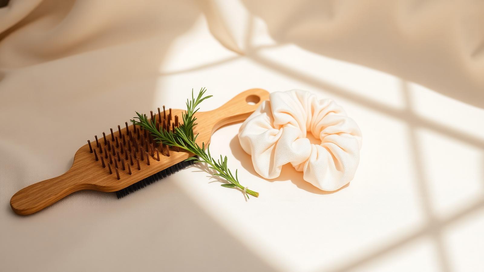 Tips de crecimiento capilar natural Ritual de cuidado capilar natural: cepillo de madera y aceite botánico sobre lino crema