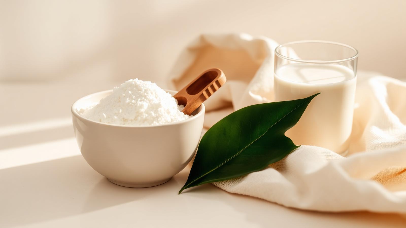 Colágeno en polvo con cuchara de madera, suplemento para piel, cabello y articulaciones