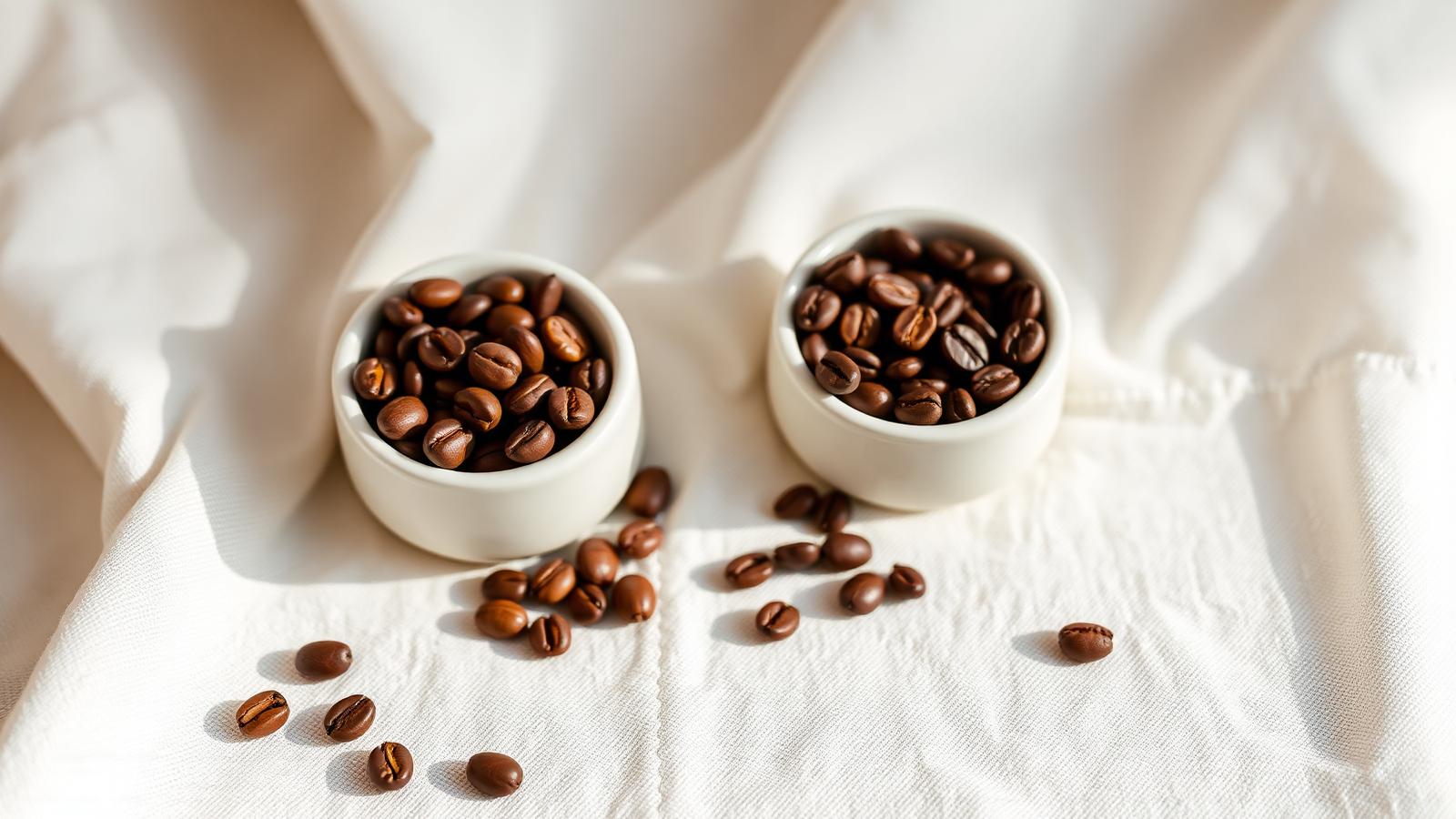 Arábica vs Robusta Granos de café arábica y robusta tostados sobre superficie crema, comparación de perfiles