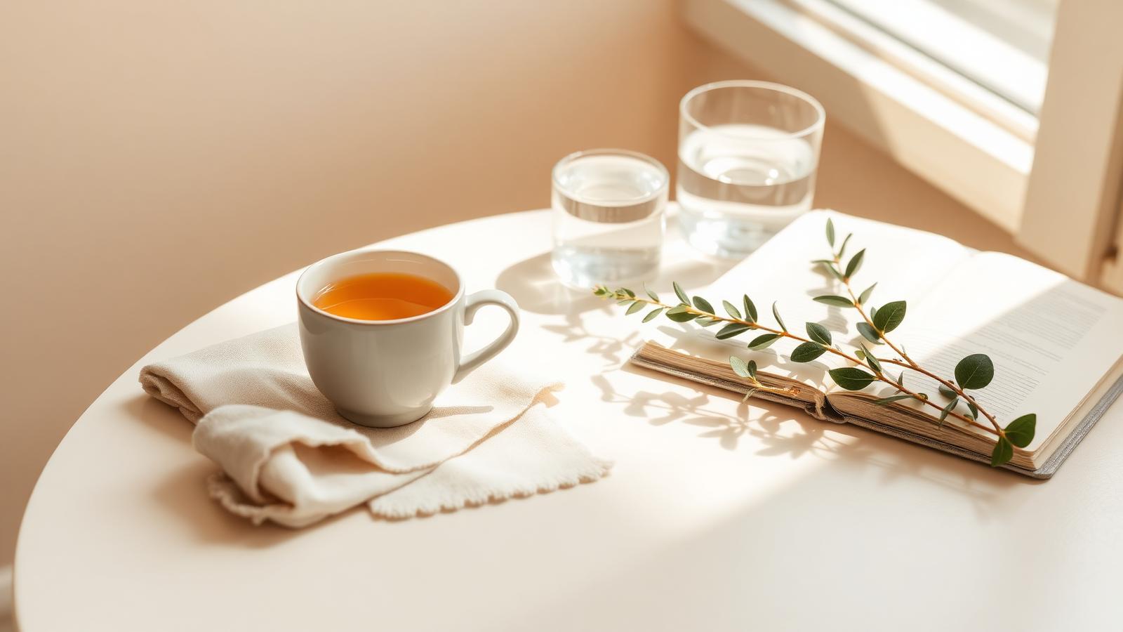 Escena de bienestar diario: té de hierbas, luz natural y textiles crema para hábitos conscientes