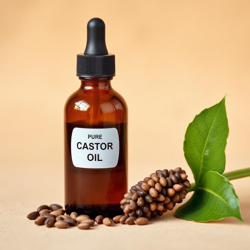 Botella ámbar de aceite de ricino puro, rico en ácido ricinoleico para cabello y pestañas